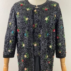 Rare Two Piece Evening Sweater Set c1960s Sequined & Beaded on Soft Wool. Fits S